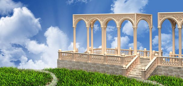 Balcón con balaustrada y paso de pórtico, columnas, arcos sobre hierba verde representación 3D
 - Foto, imagen