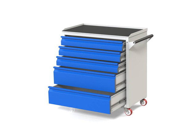 Metal tool cabinet-table on wheels with drawers. A convenient place for storing tools and spare parts. Service Garage Tools Box. 3D-model rendering of the table for shooting from above. - Φωτογραφία, εικόνα
