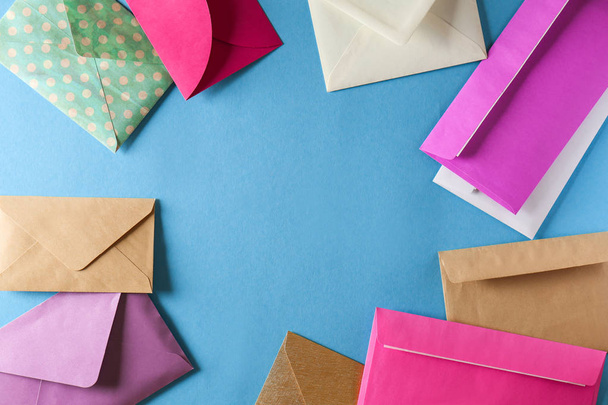 Frame made of mail envelopes on color background - Photo, image