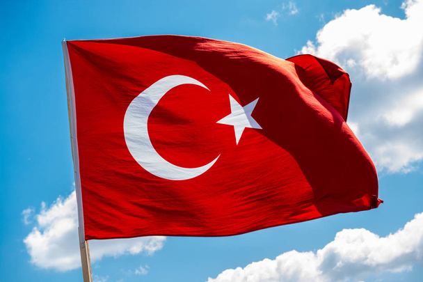 Turkish national flag hang in view in open air - Photo, Image