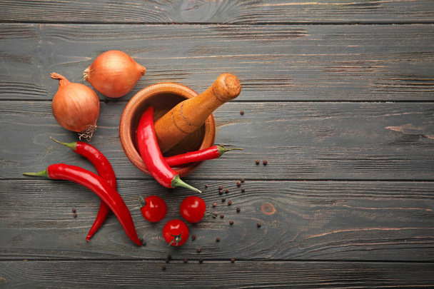 Composition with fresh spices and vegetables on wooden background - Foto, Imagem