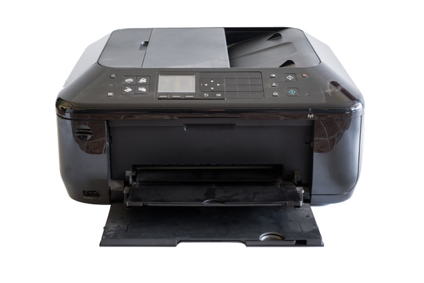Zwarte document printer toner en kleuren, geïsoleerd op witte achtergrond - Foto, afbeelding