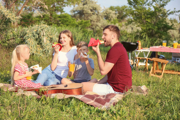 Família feliz almoçando no piquenique de verão
 - Foto, Imagem