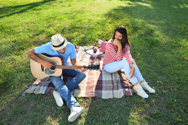 Happy couple with guitar resting on picnic in spring park - Valokuva, kuva