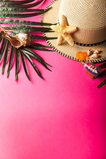 Cestovní doplňky, tropický Palmový list větví na růžovém pozadí s prázdné místo textu. Cestování dovolená koncept. Letní pozadí. Plochá ležel, horní pohled. - Fotografie, Obrázek