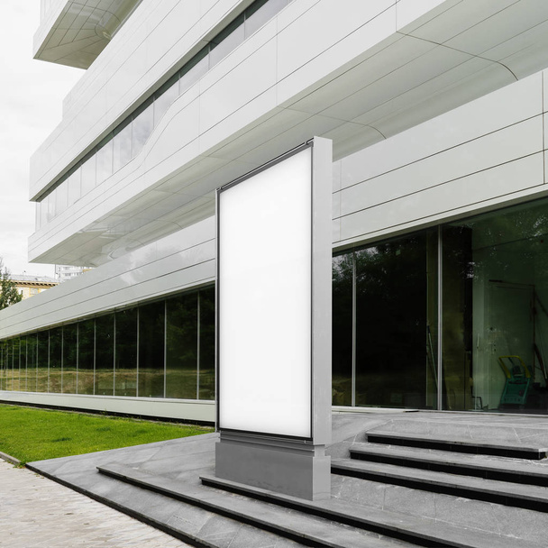 Blank white banner next to white modern building, side view. 3d rendering - Foto, afbeelding