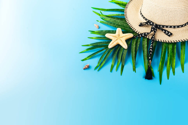 Traveler accessories, tropical palm leaf branches on blue background with empty space for text. Travel vacation concept. Summer background. Flat lay, top view. - Photo, image