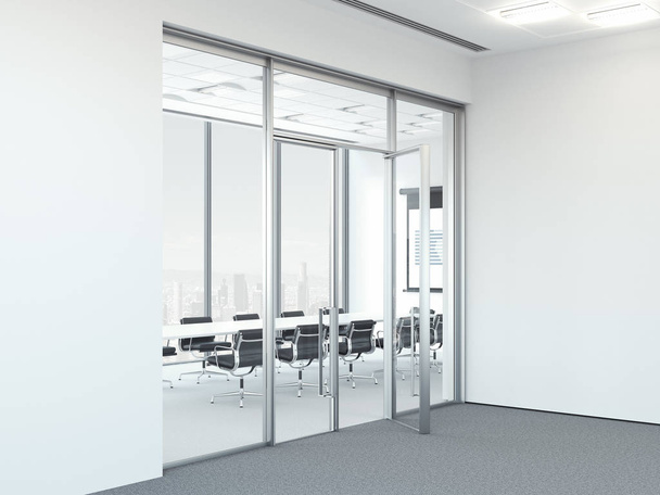Salle de réunion moderne réaliste et lumineuse avec de grandes fenêtres panoramiques, rendu 3D
 - Photo, image