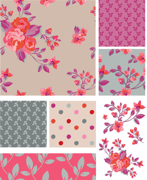 Delicate Pink Vector Rose Seamless Patterns and Elements. - Vector, Image