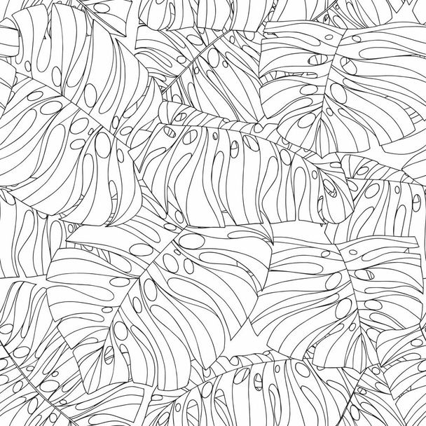 トロピカル葉っぱデザインの黒と白のベクトル シームレス パターン - ベクター画像