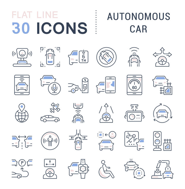 Zestaw ikon linii wektorowych, znaków i symboli z płaskimi elementami autonomicznego samochodu dla nowoczesnych koncepcji, sieci i aplikacji. Gromadzenie logo i piktogramów infograficznych. - Wektor, obraz