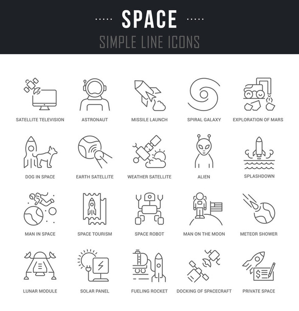 Set of outline signs and symbols of space with names. Collection vector thin line icons and infographics elements. Simple linear pictogram pack for web graphics and apps. - Vector, Image