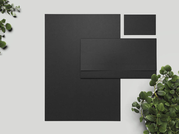 Business stationery mock up with plants on gray background. 3d rendering, - Zdjęcie, obraz