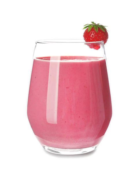 Glass of tasty strawberry smoothie on white background - Foto, imagen