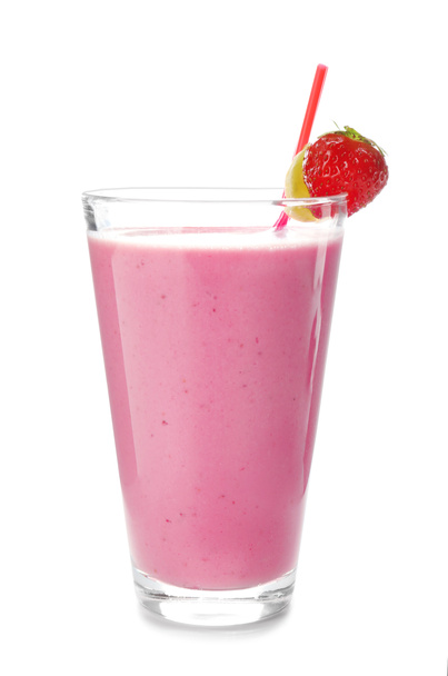 Glass of tasty strawberry smoothie on white background - Φωτογραφία, εικόνα