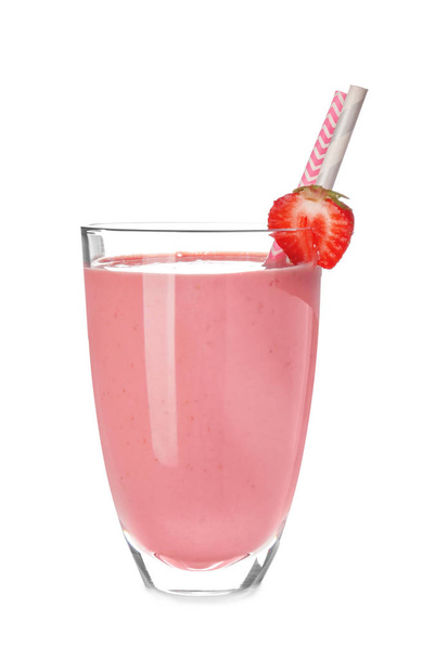 Glass of tasty strawberry smoothie on white background - 写真・画像