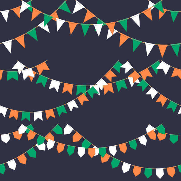 Set de guirnalda con cadena de banderas de celebración, plumas verdes, blancas, naranjas sobre fondo oscuro, pie de página y estandarte para la celebración
 - Vector, Imagen