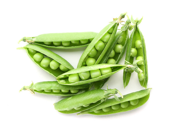 Pods with fresh green peas on white background - Photo, Image