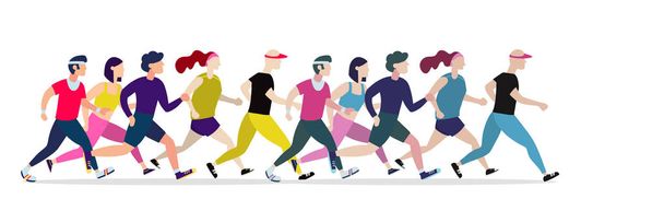 ジョギングの人。動きでランナー グループ。男性と女性のスポーツ バック グラウンドを実行しています。人ランナーのレース、マラソン、ジョギング、図を実行するためのトレーニング - ベクター画像