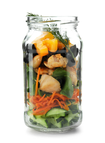 Delicious vegetable salad in jar on white background - Fotoğraf, Görsel
