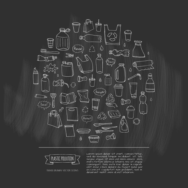 Χέρι doodle Stop πλαστικής ρύπανσης εικονίδια που εικονογράφηση διάνυσμα σχηματικό σύμβολα συλλογή έννοια στοιχεία Cartoon τσάντα μπουκάλι ανακύκλωση σημάδι πακέτο διάθεσης αποβλήτων μόλυνση πιάτο μίας χρήσης - Διάνυσμα, εικόνα