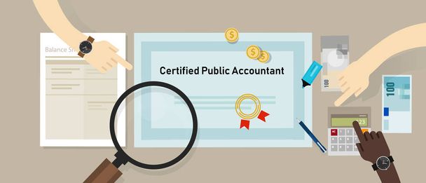 Document CPA certifié d'expert-comptable sur une table. Concept d'entreprise de certification de la formation des comptables
. - Vecteur, image