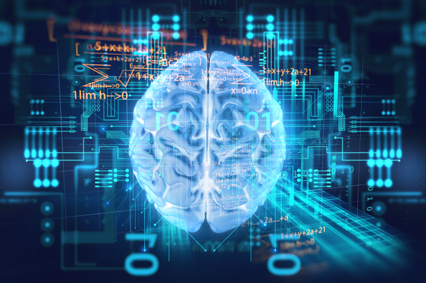 3D απόδοση του ανθρώπινου εγκεφάλου σε τεχνολογικό υπόβαθρο αντιπροσωπεύουν τεχνητή νοημοσύνη και χώρο στον κυβερνοχώρο concep - Φωτογραφία, εικόνα