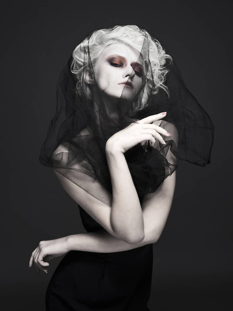 fashion halloween make-up girl with white skin and hair.young woman in veil.black widow style - Photo, image