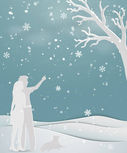 Pojem lásky v zimní sezóně na papír umělecké scény abstraktní pozadí, pár stojící na sněhu se psem, dovolená, oslava, Vánoce nebo nový rok, vektorové ilustrace - Vektor, obrázek
