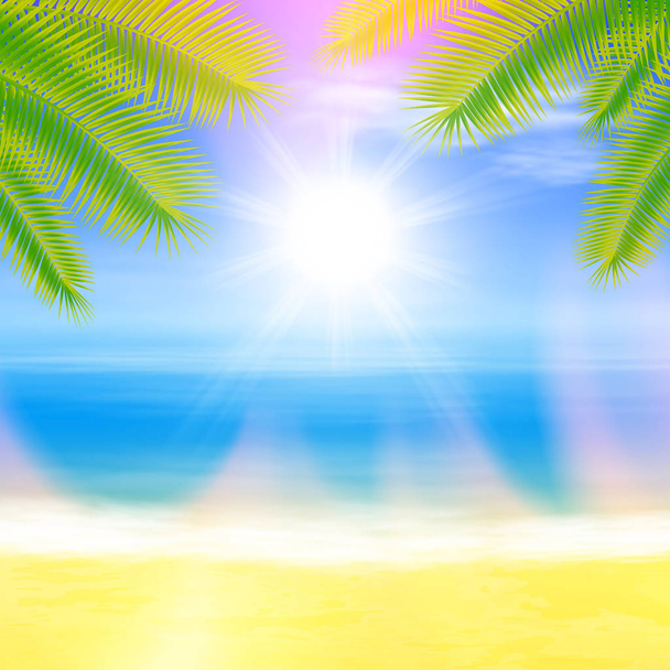 Strand und tropisches Meer mit Palmenblättern - Vektor, Bild