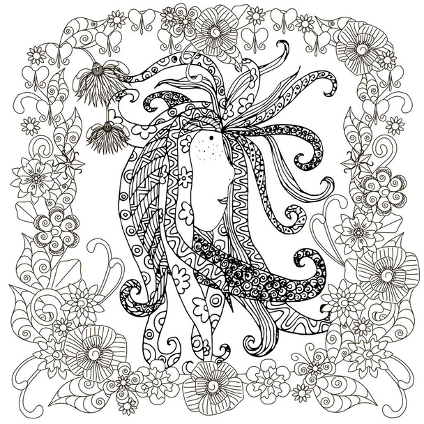 Зентл стилізована рука намальована портретна дівчина з жахом у квітковій рамці чорно-біла рука намальована Векторна стокова ілюстрація
 - Вектор, зображення