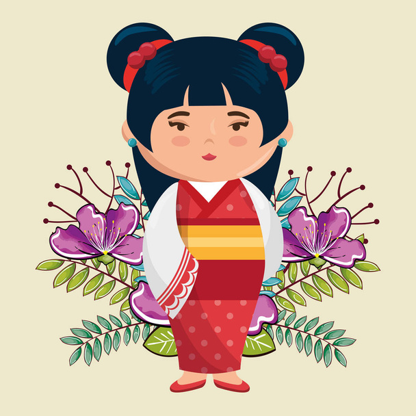 μικρό ιαπωνικό κορίτσι kawaii με χαρακτήρα λουλουδιών - Διάνυσμα, εικόνα