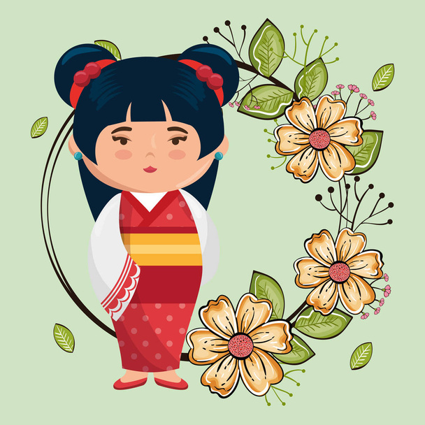 kis japán lány kawaii virágok karakterrel - Vektor, kép