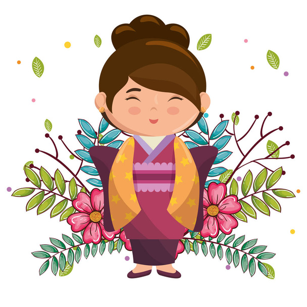 kleine japanische Mädchen kawaii mit Blumen Charakter - Vektor, Bild