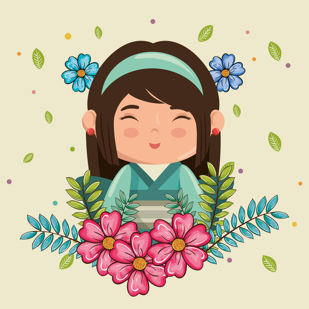 piccola ragazza giapponese kawaii con carattere fiori
 - Vettoriali, immagini