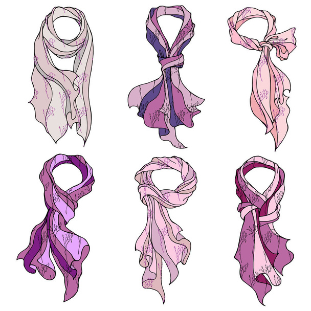 Dibujos realistas vectoriales de bufandas de seda en la paleta de color púrpura pastel y diferentes maneras en que se puede atar. Elementos para el diseño sobre moda
. - Vector, Imagen