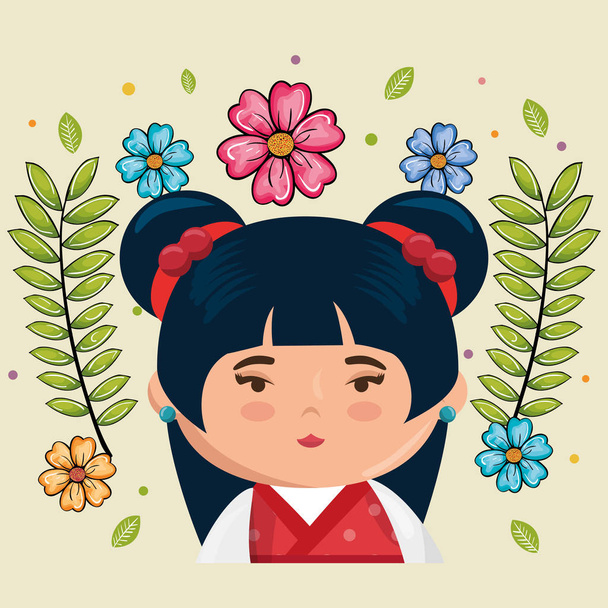 malá japonská dívka kawaii znakem květiny - Vektor, obrázek