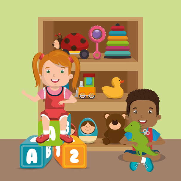 little boy and girl playing with toys characters - Vector, Image