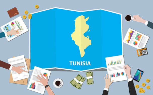 Tunesië Afrika economie land groei natie team bespreken met vouw kaarten uitzicht vanaf top vectorillustratie - Vector, afbeelding