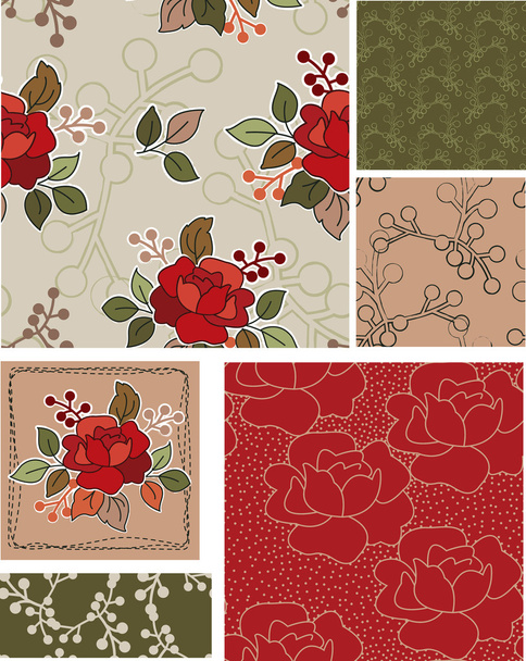 Retro Style Vector Rose Floral Patterns and Elements. - Vector, Image