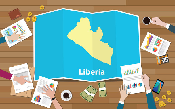 Libérie Afrika ekonomiky země růst národa týmu diskutovat s skládání mapy pohled z horní vektorové ilustrace - Vektor, obrázek