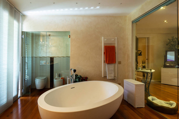 Banheiro moderno com azulejos claros e escuros. Ninguém lá dentro.
 - Foto, Imagem
