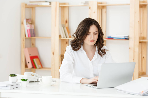 Концентрированная молодая красивая деловая женщина, работающая на ноутбуке и документе в ярком современном офисе
. - Фото, изображение