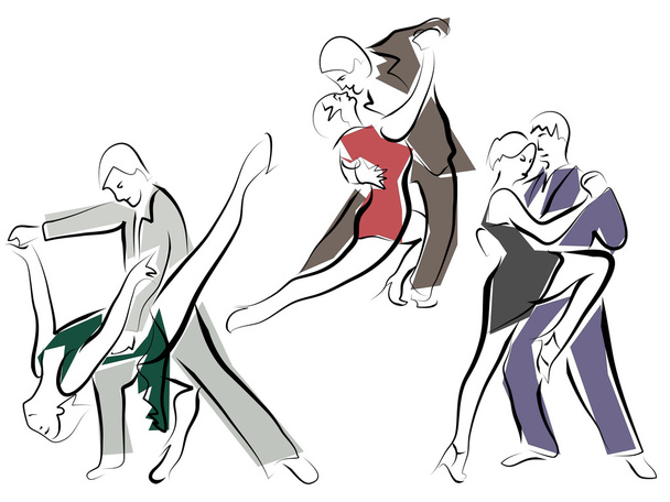 Sketches of dancing couples in line style - Vector, Image