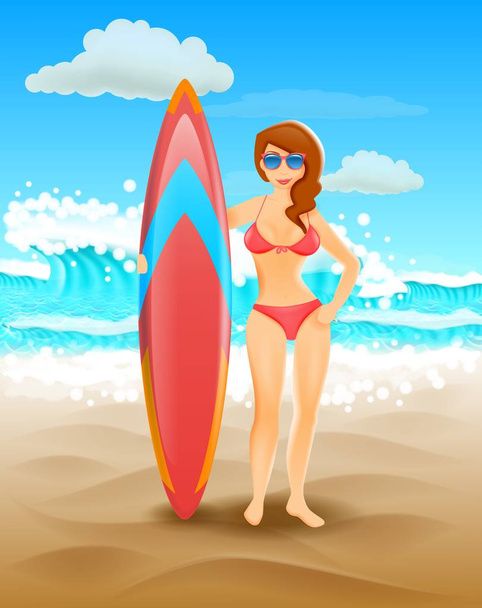 Roztomilá dívka držící surfovací prkno na slunné pláži. Vektorové ilustrace. Dovolená u moře a surfování. - Vektor, obrázek