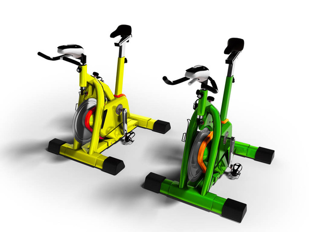 Сучасні жовті та зелені тренувальні велосипеди перспектива 3d рендерингу на білому тлі з тіні
 - Фото, зображення