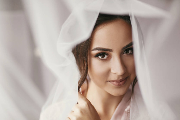 gorgeous bride portrait with make-up in the morning in room near window. beautiful woman getting ready for wedding day, holding veil and smiling. face close up. sensual moment - Foto, immagini