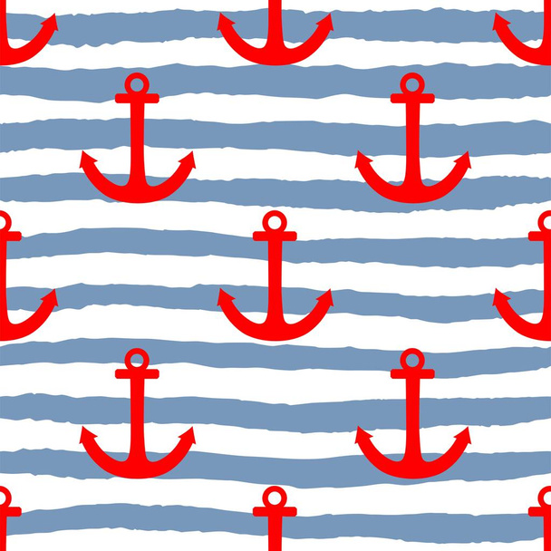 Patrón vector marinero azulejo con ancla roja sobre fondo rayas azul marino y blanco
 - Vector, Imagen