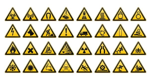 Panneaux d'avertissement grand ensemble. Sécurité sur le lieu de travail. Triangle jaune avec image noire. Illustration vectorielle
. - Vecteur, image