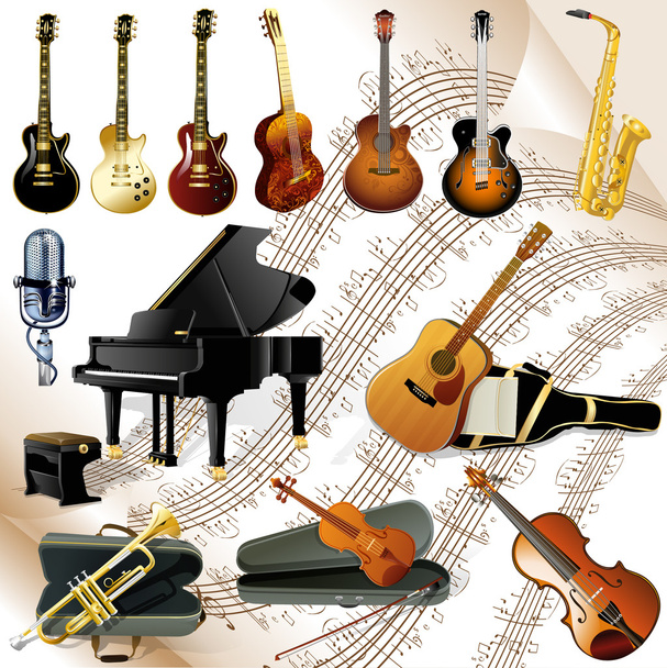 Collection of various music instruments on chords sheet - Vector, Image